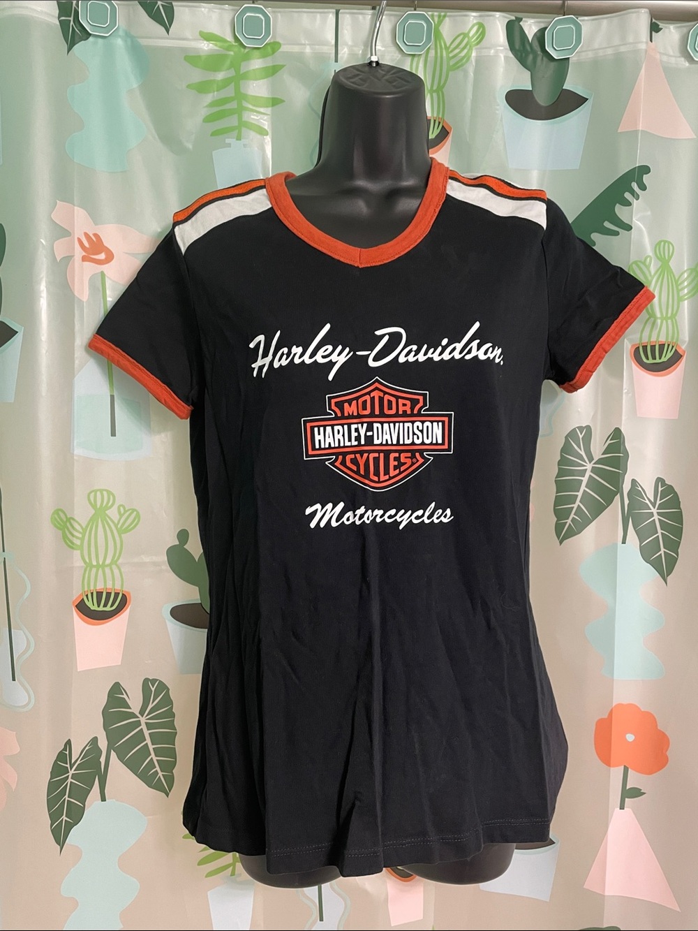 Harley-Davidson Black Tee with Orange Trim and White Accents